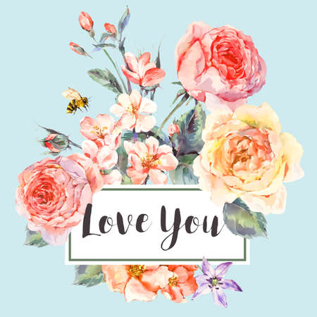 Vector spring vintage floral greeting card with bouquet of rosesのイラスト素材