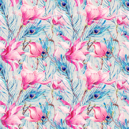 Seamless Pattern with Magnolia and Peacock Featherの写真素材