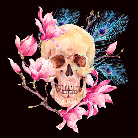 Vintage watercolor natural card with human skull and pink flowers Magnolia, peacock feathers. Hand drawn illustration isolated on white, tattoo design in boho styleの写真素材
