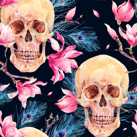 Vintage watercolor natural seamless pattern with human skull and pink flowers Magnolia, peacock feathers. Hand drawn illustration isolated on white backgroundの写真素材