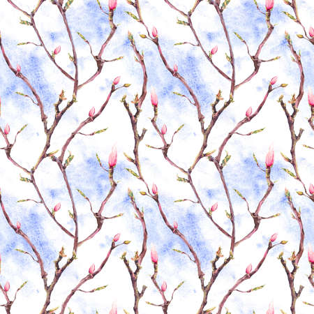 Watercolor Floral Spring Seamless Pattern, Vintage Blooming Tree Branches, Twigs, Flowers and Leaves, botanical watercolor illustration on sky backgroundの写真素材