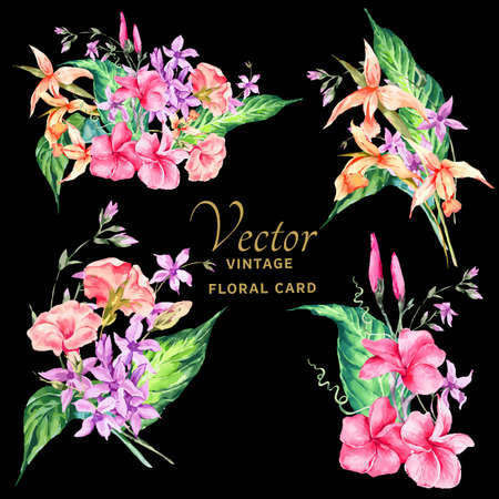 Set of tropical vintage floral vector bouquetのイラスト素材