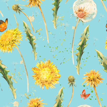 Watercolor seamless pattern with spring dandelionsの写真素材