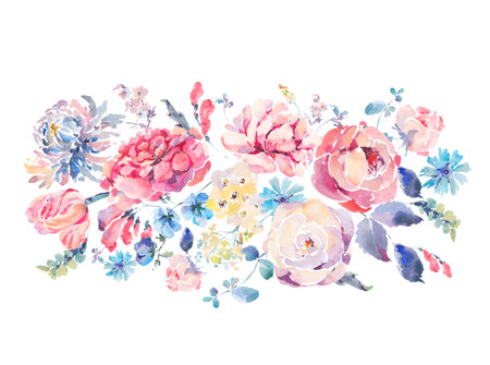 Watercolor greeting card with roses and wildflowersの写真素材