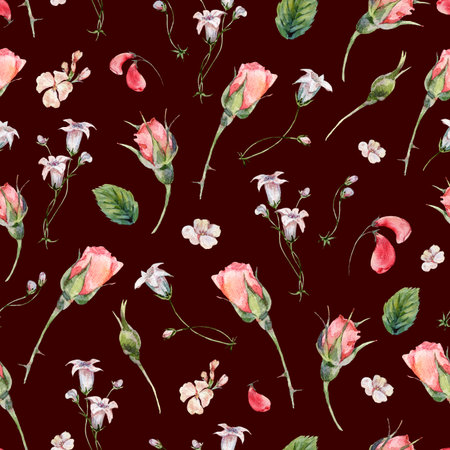 Watercolor seamless pattern with buds of roseの写真素材