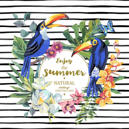 summer greeting card with pair of toucan, exotic flowersのイラスト素材