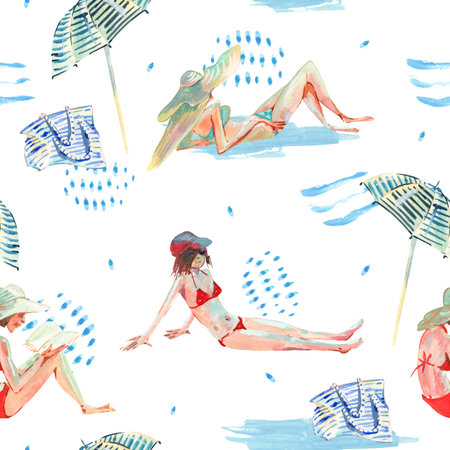 Summer watercolor seamless pattern with girl on the beachの写真素材