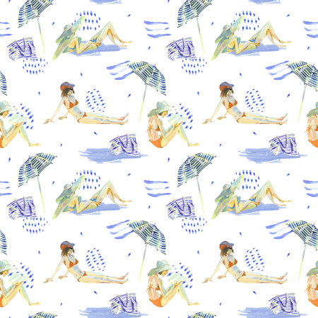 Summer watercolor seamless pattern with girl on the beachの写真素材