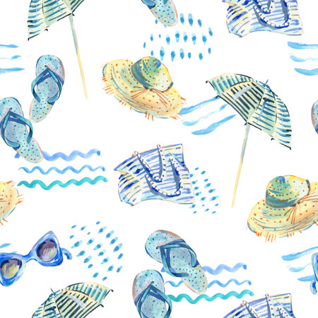 Watercolor seamless pattern with beach objectsの写真素材
