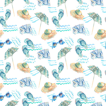 Watercolor seamless pattern with beach objectsの写真素材