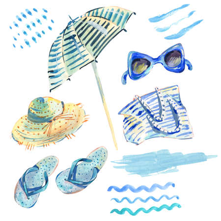 Summer watercolor set of summer beach objectsの写真素材