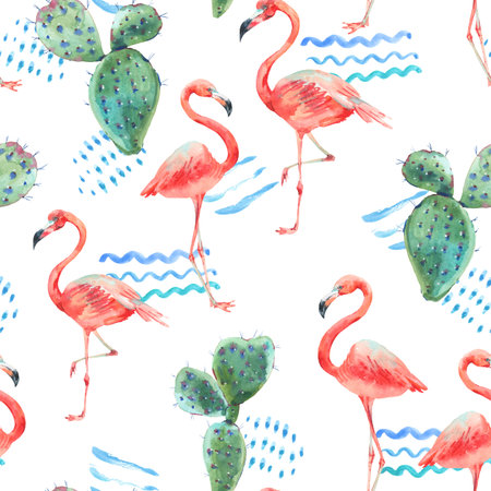 Watercolor pink flamingo and tropical flowers seamless patternの写真素材
