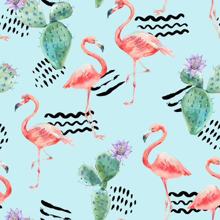 Watercolor pink flamingo and tropical flowers seamless patternの写真素材