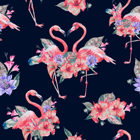 Pink flamingo and tropical flowers seamless patternの写真素材