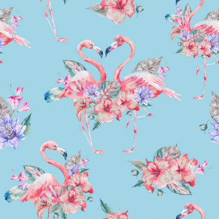Pink flamingo and tropical flowers seamless patternの写真素材