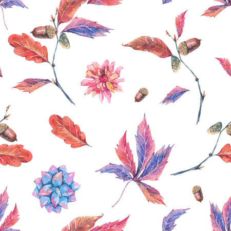 Watercolor forest autumn leaves seamless patternの写真素材