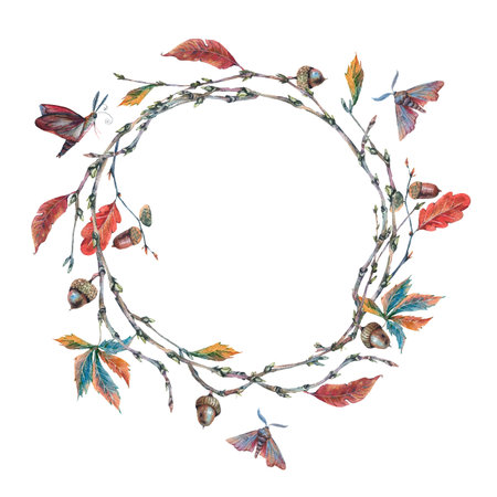 Watercolor forest wreath or garland with sprigの写真素材