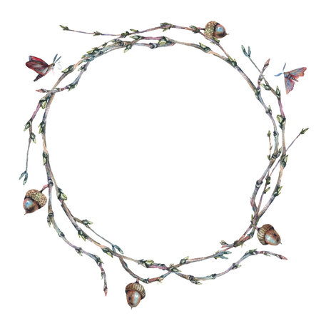 Watercolor forest wreath or garland with sprigの写真素材