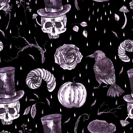 Monochrome watercolor hand drawn seamless pattern with skullの写真素材
