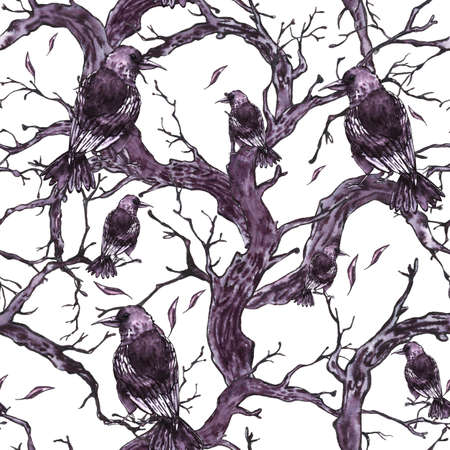 Watercolor hand drawn seamless pattern with tree branchesの写真素材