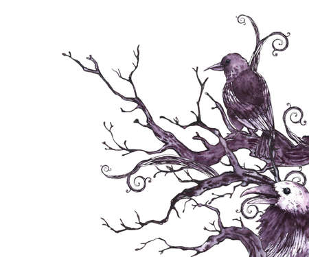 Greeting card with tree branches, twigs and ravenの写真素材