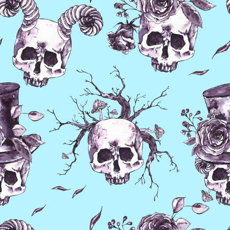 Monochrome watercolor skull seamless patternの写真素材
