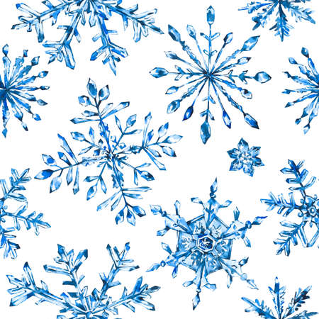 Watercolor winter seamless pattern with snowflakes, hand painted artistic blue texture on white backgroundの写真素材