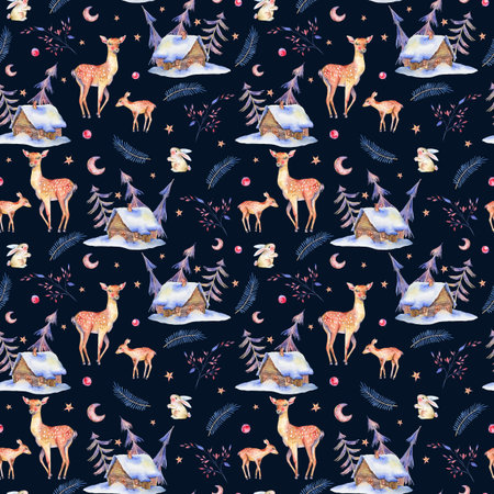 Watercolor vintage seamless pattern with cute deer,の写真素材