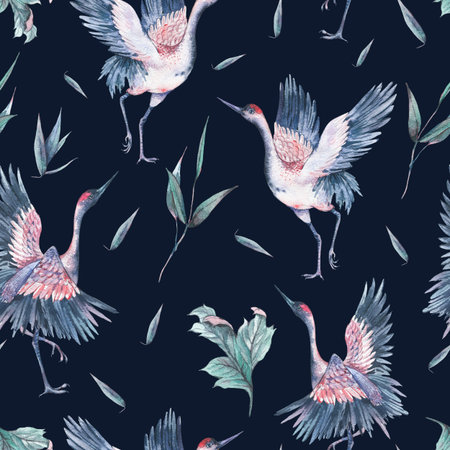 Watercolor seamless pattern with craneの写真素材