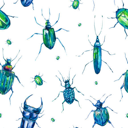 Watercolor seamless pattern with green beetlesの写真素材