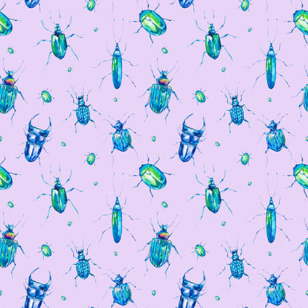 Watercolor seamless pattern with green beetlesの写真素材