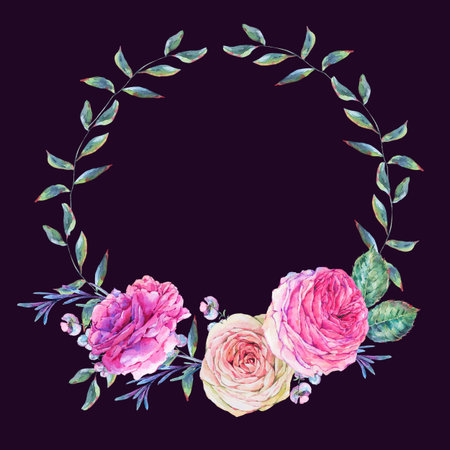 Nature watercolor round wreath with rosesの写真素材