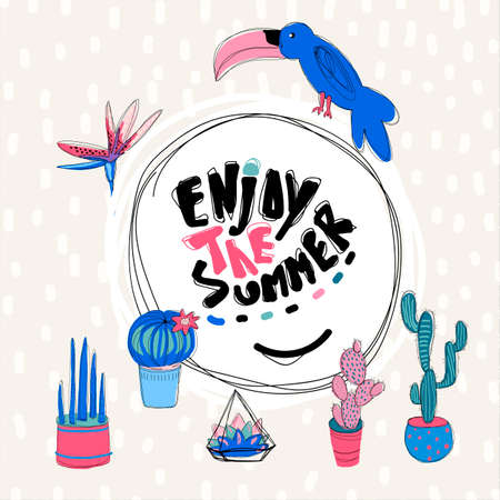 Tropical abstract round frame with cactuses, summer illustrationのイラスト素材