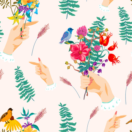 Hands and flowers. Vintage vector summer seamless patternのイラスト素材