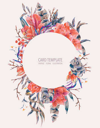 Watercolor floral template card of red flowers, Amaryllisの写真素材