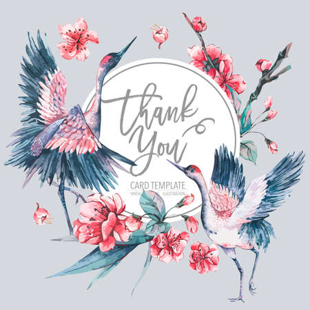 Vector spring invitation, vintage floral bouquet with pink blooming branches of cherry peach, pear, sakura, crane, flower botanical illustration, Thank you greeting cardのイラスト素材