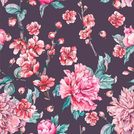 Vector nature seamless pattern, pink flowers blooming peonies, Floral decoration, Hand painted illustration on black backgroundのイラスト素材