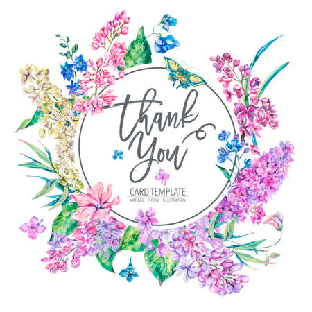 Vector vintage floral greeting card with pink lilac. Natural invitation, border, round frame, spring illustrationのイラスト素材