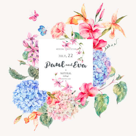 Vector vintage floral greeting card with hydrangeas, orchids, wildflowers and butterflies. Natural invitation, frame, colorful template illustrationのイラスト素材