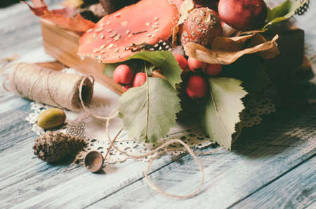 Mushrooms and leaves around board, nature autumn cardの写真素材