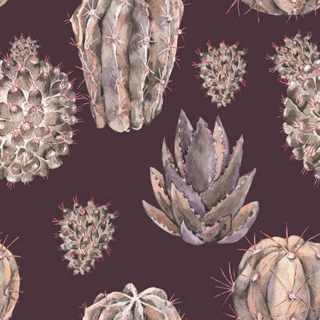 Exotic natural vintage watercolor cactus seamless pattern.の写真素材