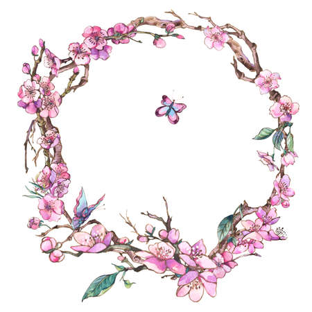 Watercolor spring greeting card, vintage floral round frameの写真素材
