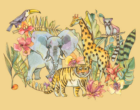 Watercolor jungle illustration, Natural Exotic Tropical Greetingの写真素材