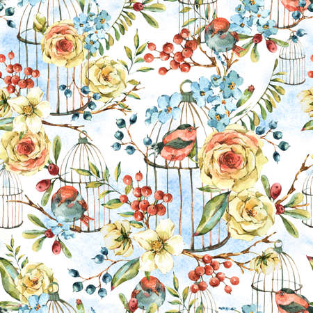 Cute watercolor natural floral seamless pattern with birdsの写真素材