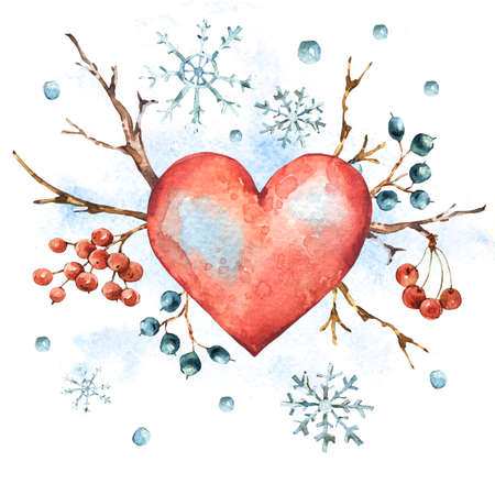 Winter watercolor natural greeting card with red heart, snowflakeの写真素材