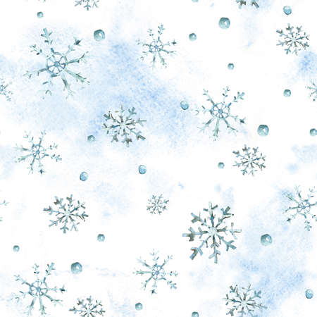 Watercolor winter seamless pattern with snowflakes, hand paintedの写真素材