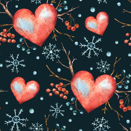 Winter watercolor natural seamless pattern with red heart
