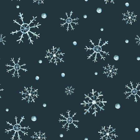 Watercolor winter seamless pattern with snowflakes, hand painted