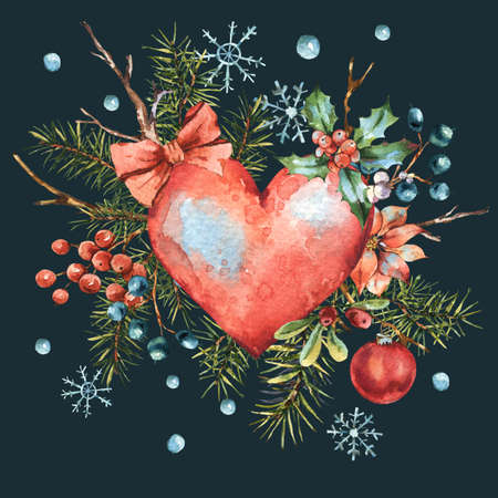 Winter Christmas watercolor natural greeting card with red heartの写真素材