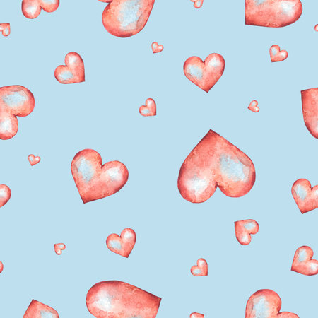Valentines day watercolor seamless pattern with red heart, vintage